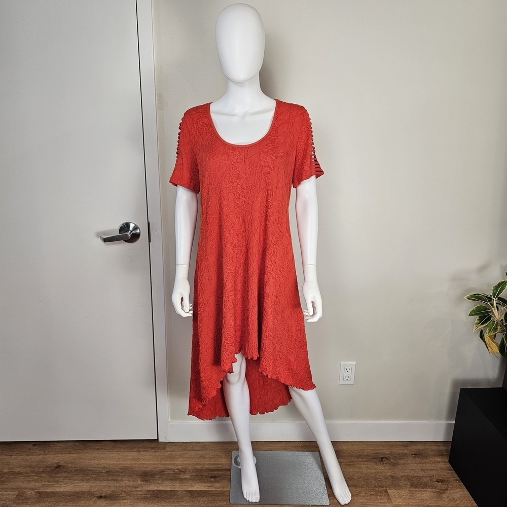Joseph Ribkoff Bright Orange High Low Textured Short Sleeve Dress Sz 16
